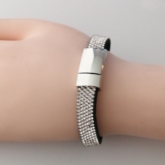 Crystal Pavé Black Flannelette Wrap Bracelet with Silver Magnetic Clasp - Picture 3 of 9